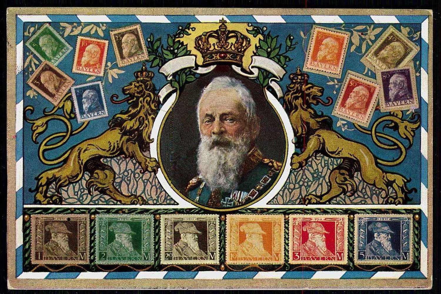 Briefmarken auf Karte, hier 'Bayerische Briefmarken', gelaufen ...