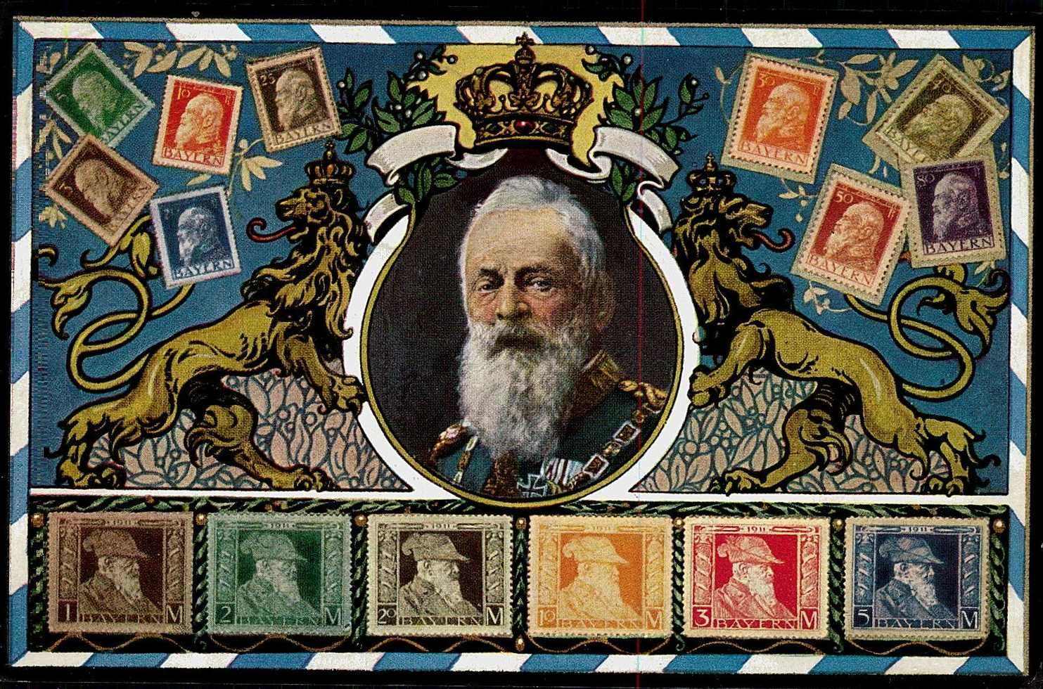 Briefmarken auf Karte, hier 'Bayerische Briefmarken', mit ...