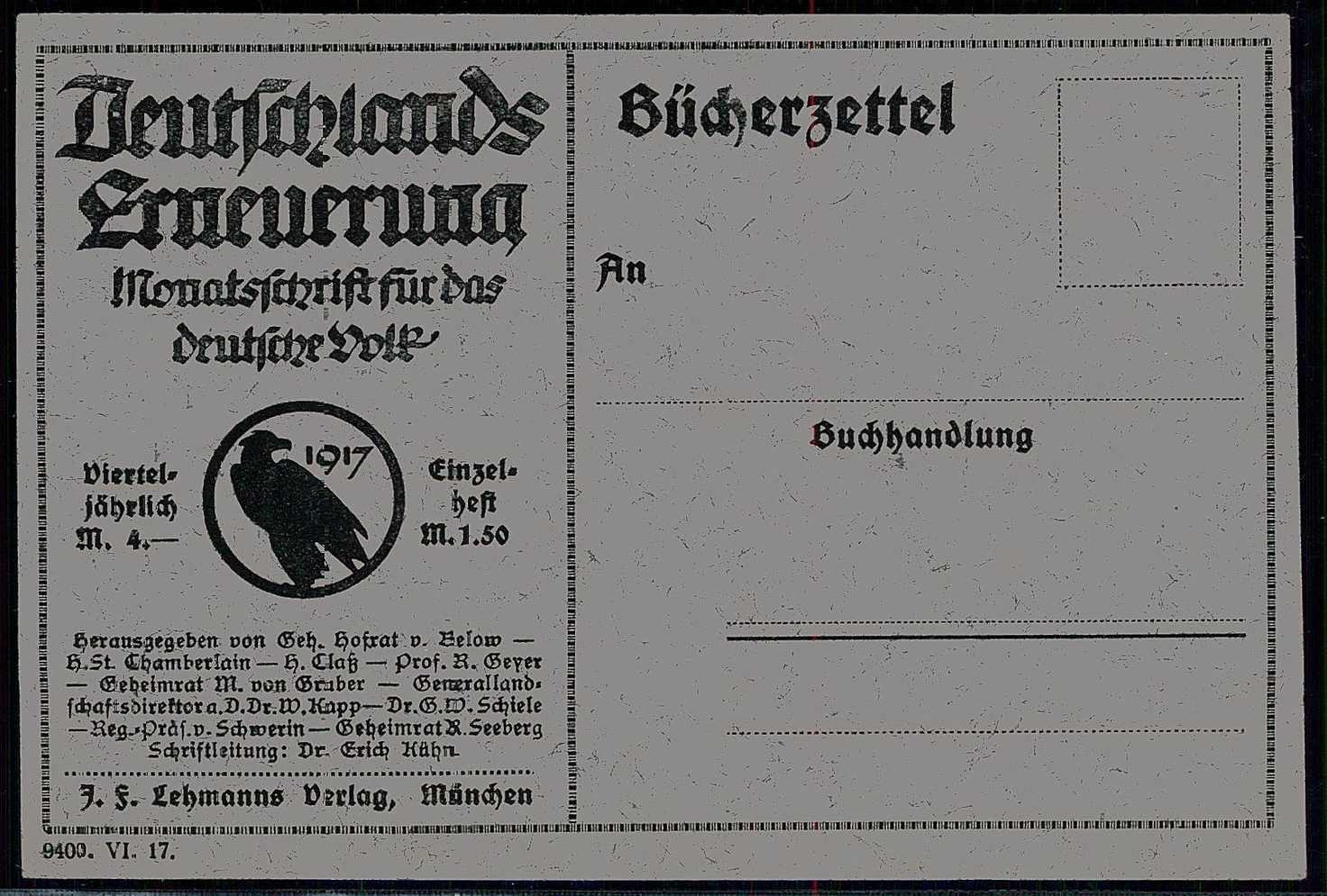 Werbe-Postkarte für die Zeitung 'Deutschlands Erneuerung', aus dem ...