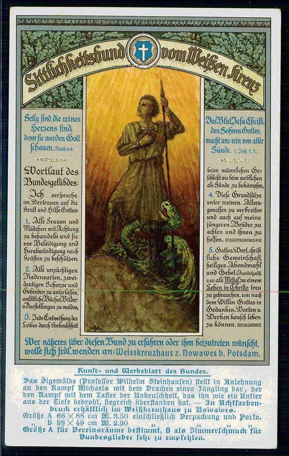 Sittlichkeitsbund vom Weißen Kreuz, Werbekarte um 1900 mit Golddruck ...