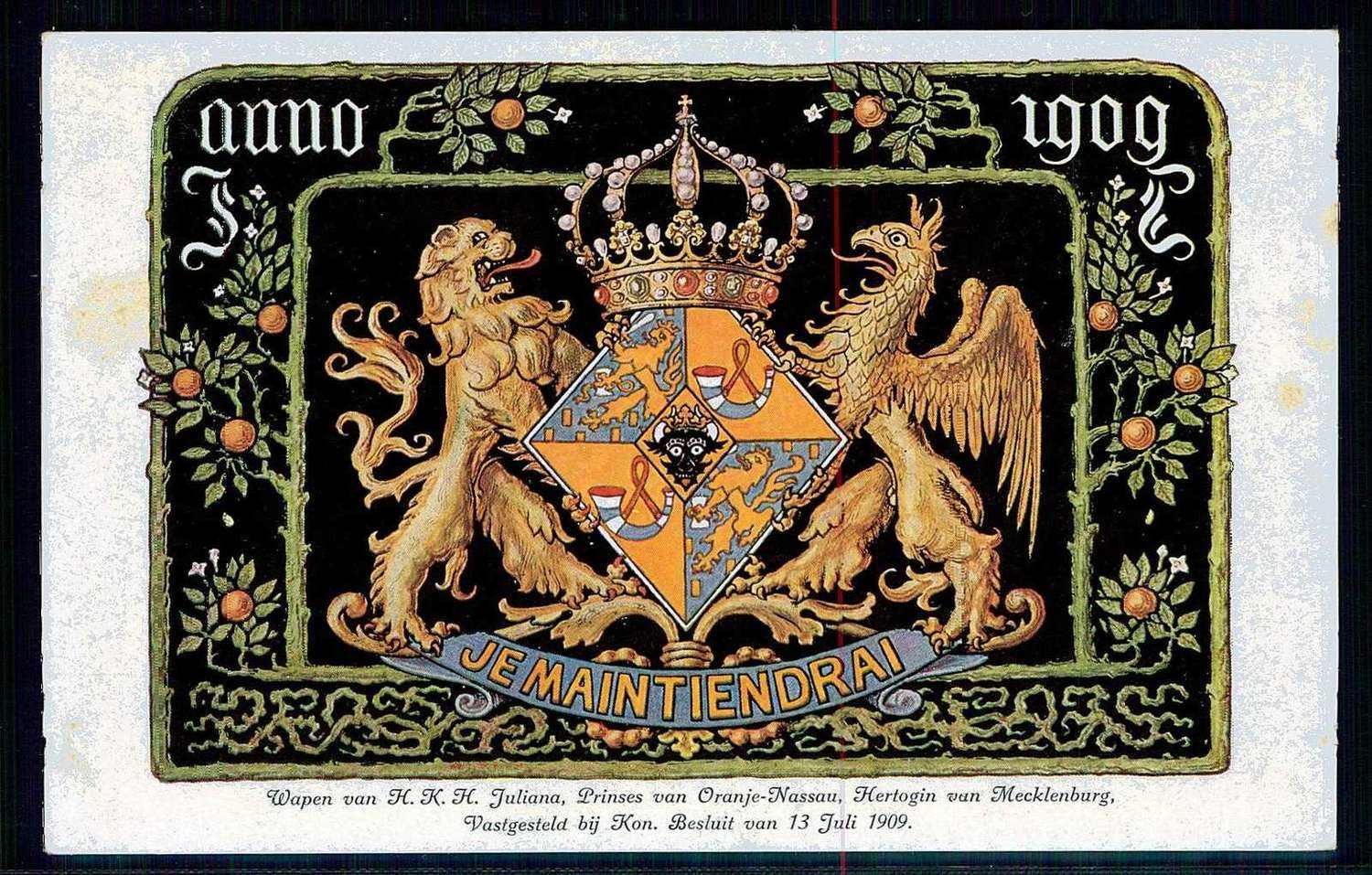 Niederlande, Wappen von Königin Juliana, datiert 1909, ungebraucht, ...