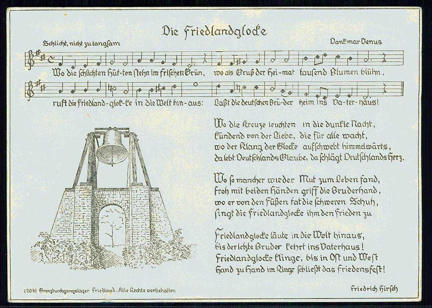 Die Friedlandglocke, Karte mit Liedtext aus dem Grenzdurchgangslager ...