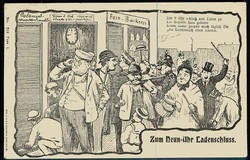 Karikatur-Karte gegen den Ladenschluss um 9 Uhr, gelaufen im Oktober ...