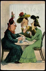 Humorkarte, drei alte Frauen im Café, Zeichnung um 1900, ungebraucht ...