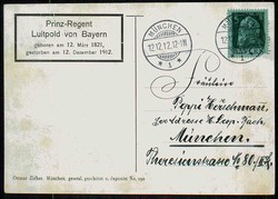 Briefmarken auf Karte, hier 'Bayerische Briefmarken', gelaufen ...