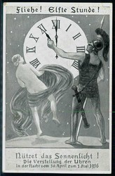Zeitumstellung 1916, Satire-Karte an die Zeitumstellung im I. WK am 1 ...