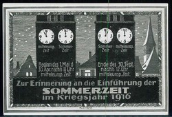 Zeitumstellung 1916, Satire-Karte an die Zeitumstellung im I. WK am 1 ...