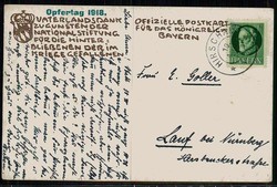 Opfertag Bayern 1918, Spendenkarte, gelaufen Hirschau August 1918, ...