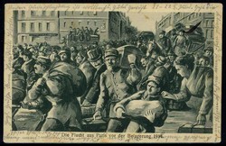 I. WK, Propagandakarte 'Die Flucht aus Paris vor der Belagerung 1914' ...