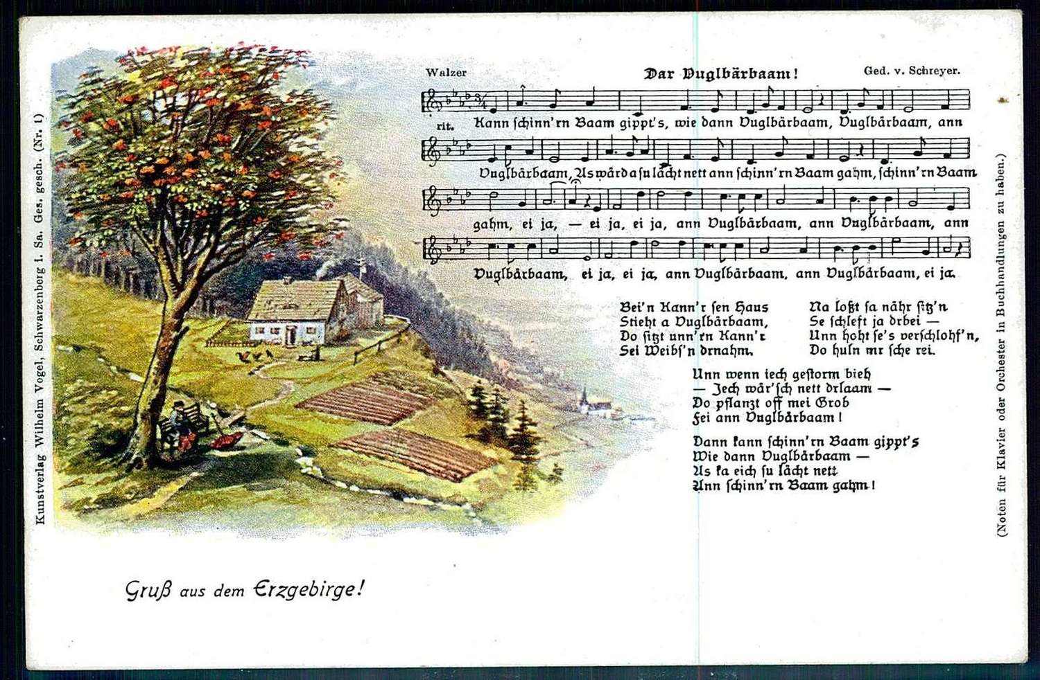 Gruß aus dem Erzgebirge, Farbkarte mit Liedertext und Noten, um 1925 ...