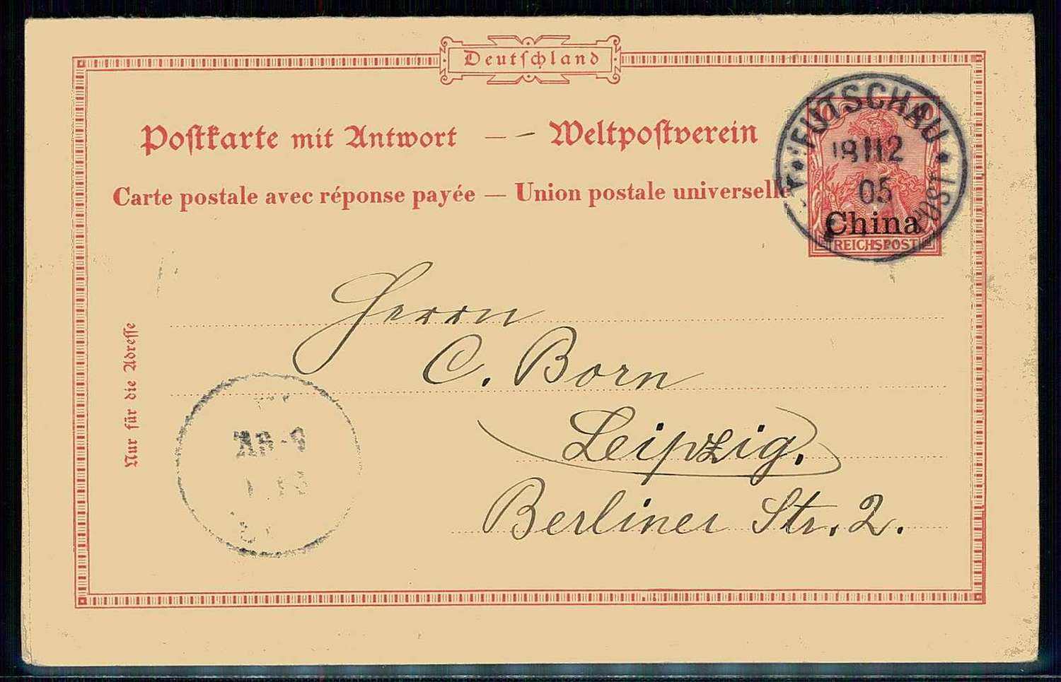 10 Pf. Germania REICHSPOST, Ganzsachen-Doppelkarte von Futschau 18.12 ...