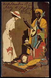 München, amtl. Postkarte mit weißer Frau vor Afrikanern, ...