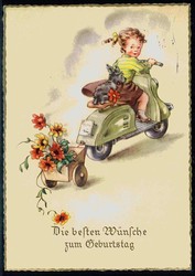 Glückwunschkarte zum Geburtstag mit Kinderzeichnung und Motorroller, ...