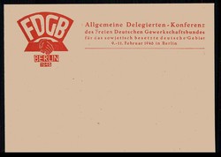 FDGB-Konferenz Berlin Februar 1946, Erinnerungskarte mit Marke und ...