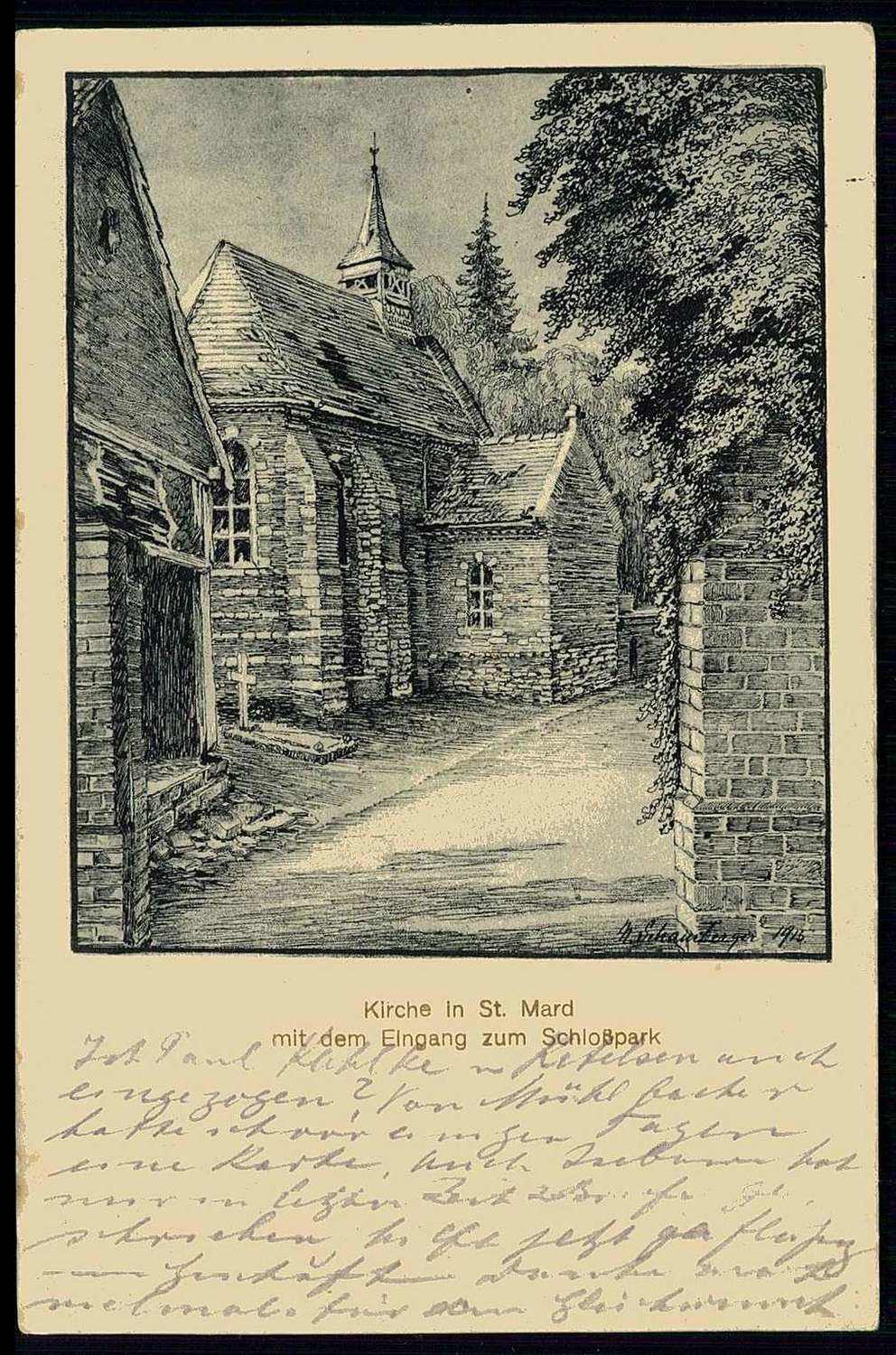 Feldpost I. WK, Bedarfskarte 'Kirche in St. Mard usw.', als Feldpost ...