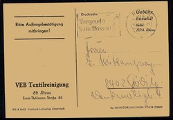 Abholkarte der VEB Textilreinigung Riesa, mit Vermerk 'Gebühr ...