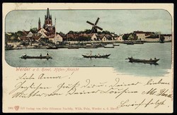 Werder an der Havel, Hafen-Ansicht mit Windmühle, mit Bahnpost ...