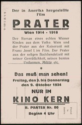 Kino, Werbekarte für den Film 'Prater' Wien 1914 - 1918, Kino Kern ...