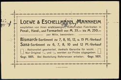 Mannheim, Werbekarte gelaufen Januar 1911 für das Bismarck-Sortiment ...