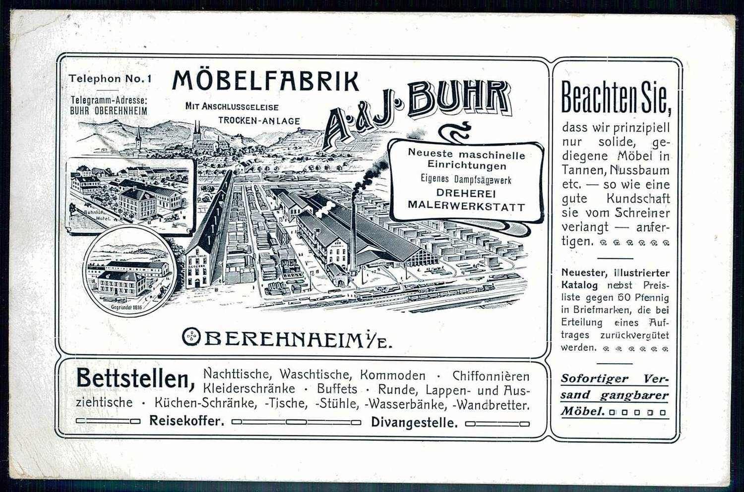 Alte Firmen-Werbekarte, hier 'Möbelfabrik Buhr aus Oberehnheim', ...