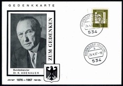 Gedenkkarte zum Tode von Adenauer, gest. 'Röhndorf 25.4.1967'.