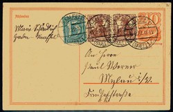 40 Pf. Postreiter-Ganzsache 1921 mit ZF, gelaufen Saalfeld, gute ...