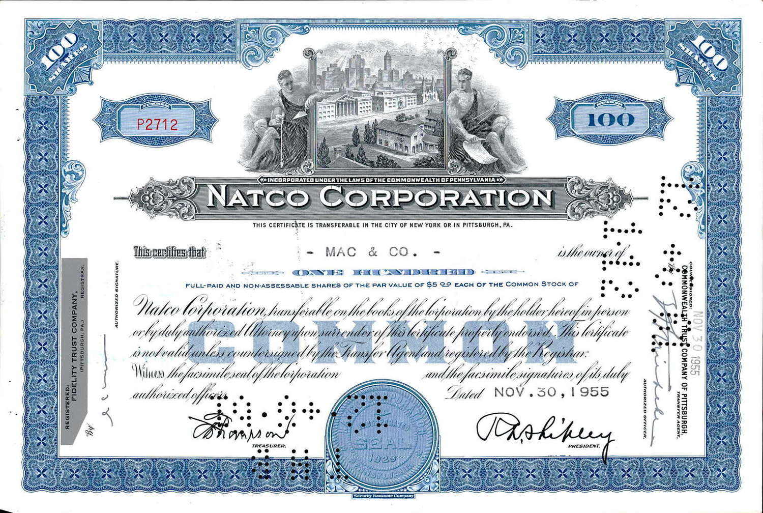 USA-Aktie der Natco Corporation aus 1955, entwertet, gute Erhaltung.