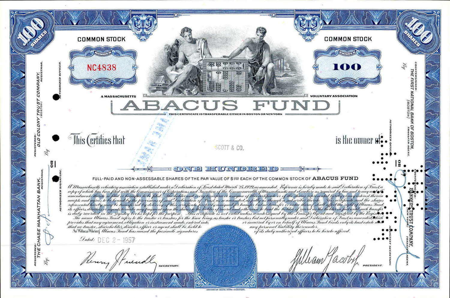USA-Aktie des Abacus Fund aus 1957, entwertet, gute Erhaltung.