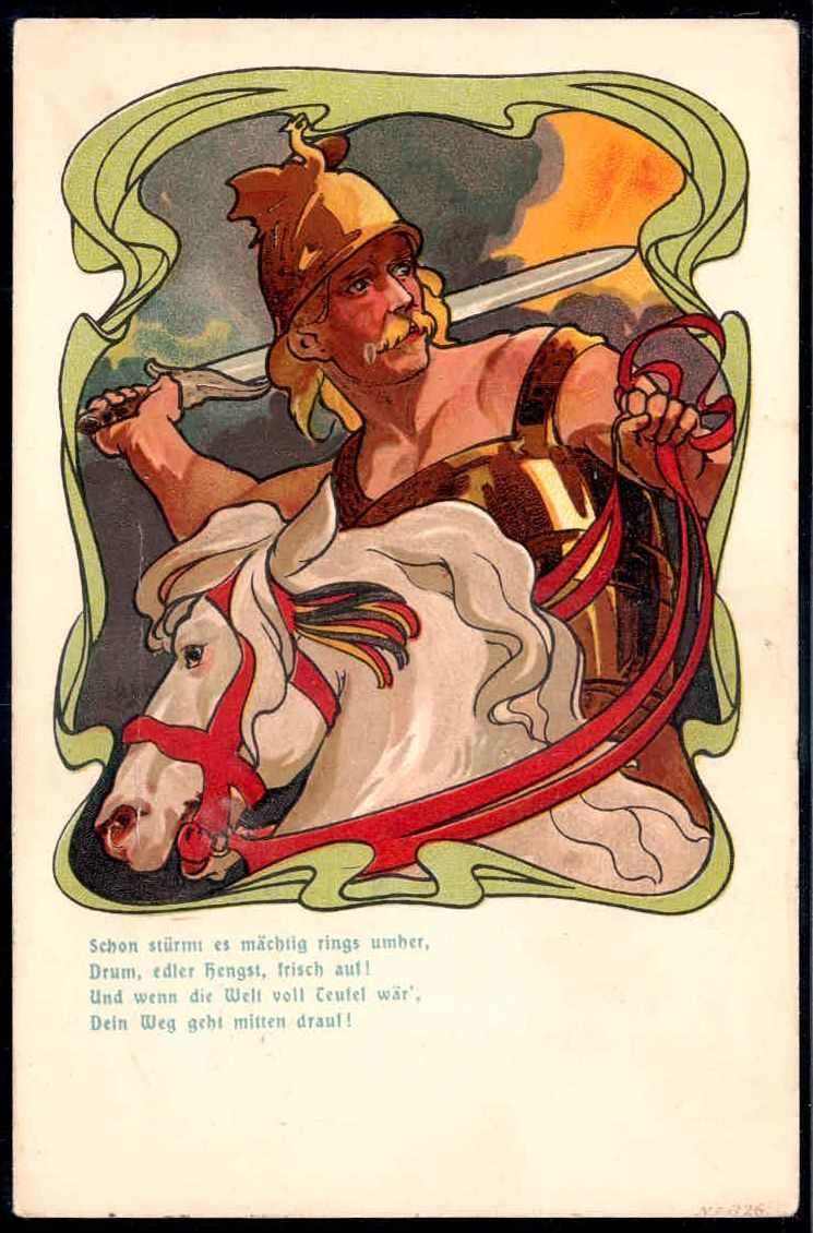 Nationale Karte mit Krieger, Streitross und Sinnspruch, wohl aus den ...