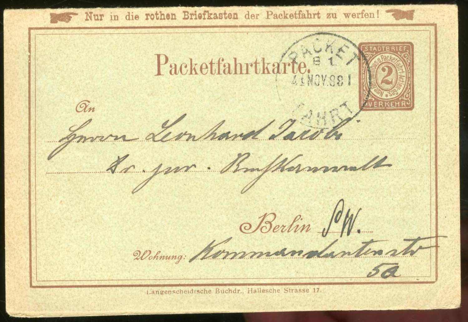 Berlin: 2 Pf. Stadtbriefverkehr-Paketfahrtkarte als Klappkarte mit ...