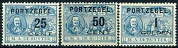 25 C., 50 C. und 1 G. jew. auf 1/2 C. blau 1907, jew. sauber ...