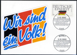 50 Pf. Deutsche Einheit 1990, mit SST 'Bonn 3.10.90' und Aufkleber ...