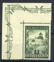 5 Fr. Freimarke Schloss Vaduz 1952 herrl. aus der Bogenecke oben ...