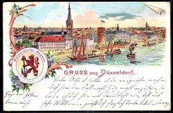 Düsseldorf, Farblithokarte mit Rhein-Partie und Düsseldorfer Wappen ...
