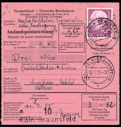 40 Pf. Posthorn als EF auf Auslands-Postüberweisung über 3,25 nach ...