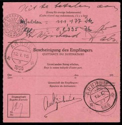 40 Pf. Posthorn als EF auf Auslands-Postüberweisung über 3,25 nach ...