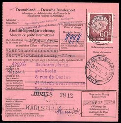 60 Pf. Heuss als portogerechte EF auf Auslands-Postüberweisung über ...