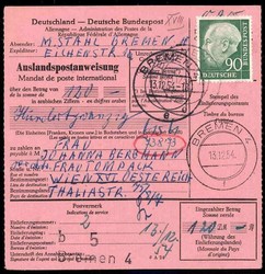 90 Pf. Heuss als portogerechte EF auf Auslands-Postüberweisung über ...