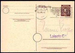 10 Pf. Ziffer-Ganzsache mit Maschinen-Werbestpl. vom 10.3.1948 für ...