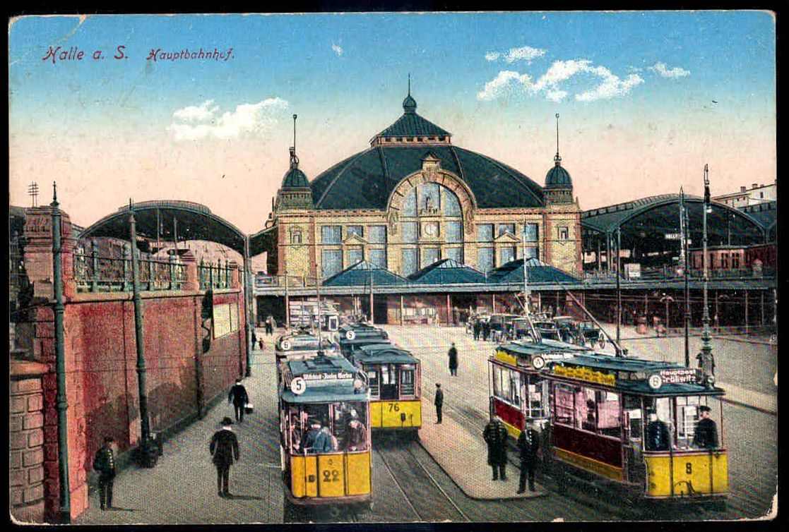 Halle an der Saale: Farbkarte mit Aufnahme des Hauptbahnhofes, davor ...
