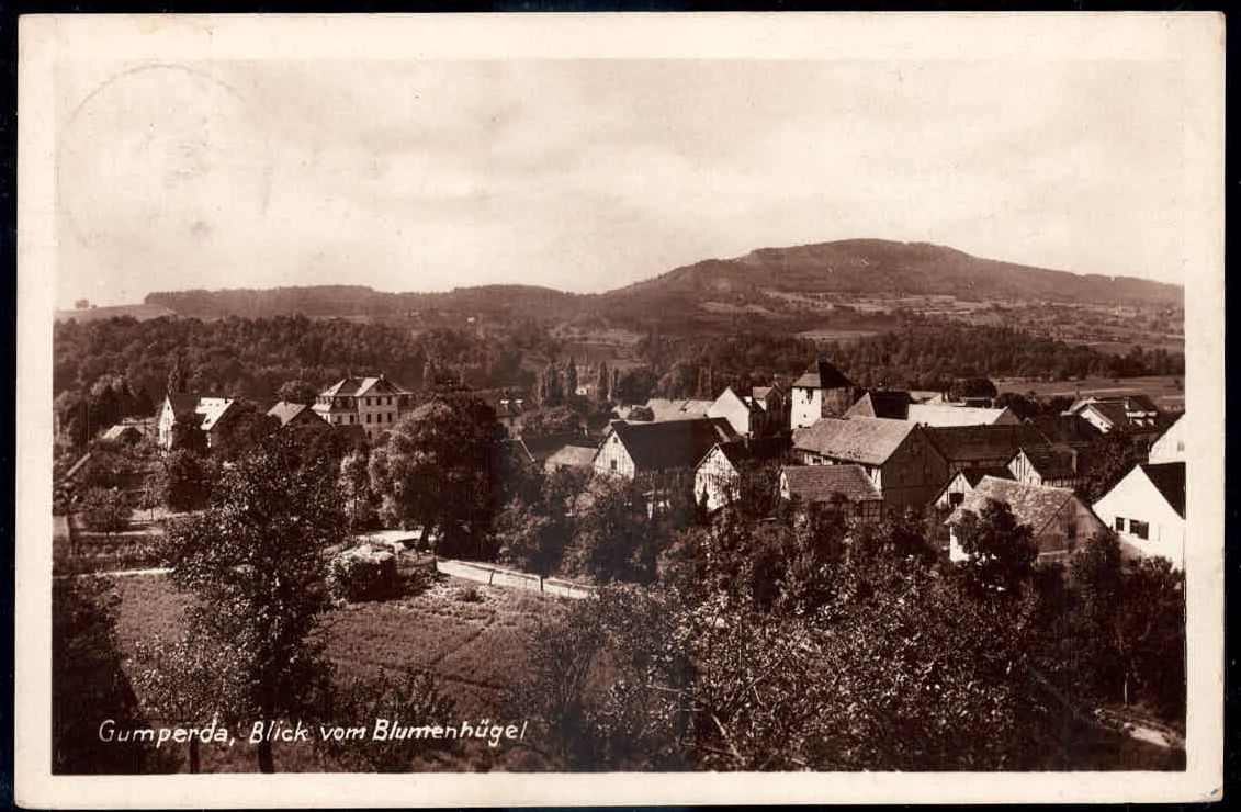 Gumperda: s/w.-AK ‚Blick vom Blumenhügel‘, gelaufen 1933, ...