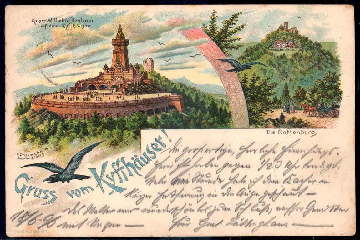 Farb-Lithokarte 'Gruß vom Kyffhäuser!' mit Ansichten des ...