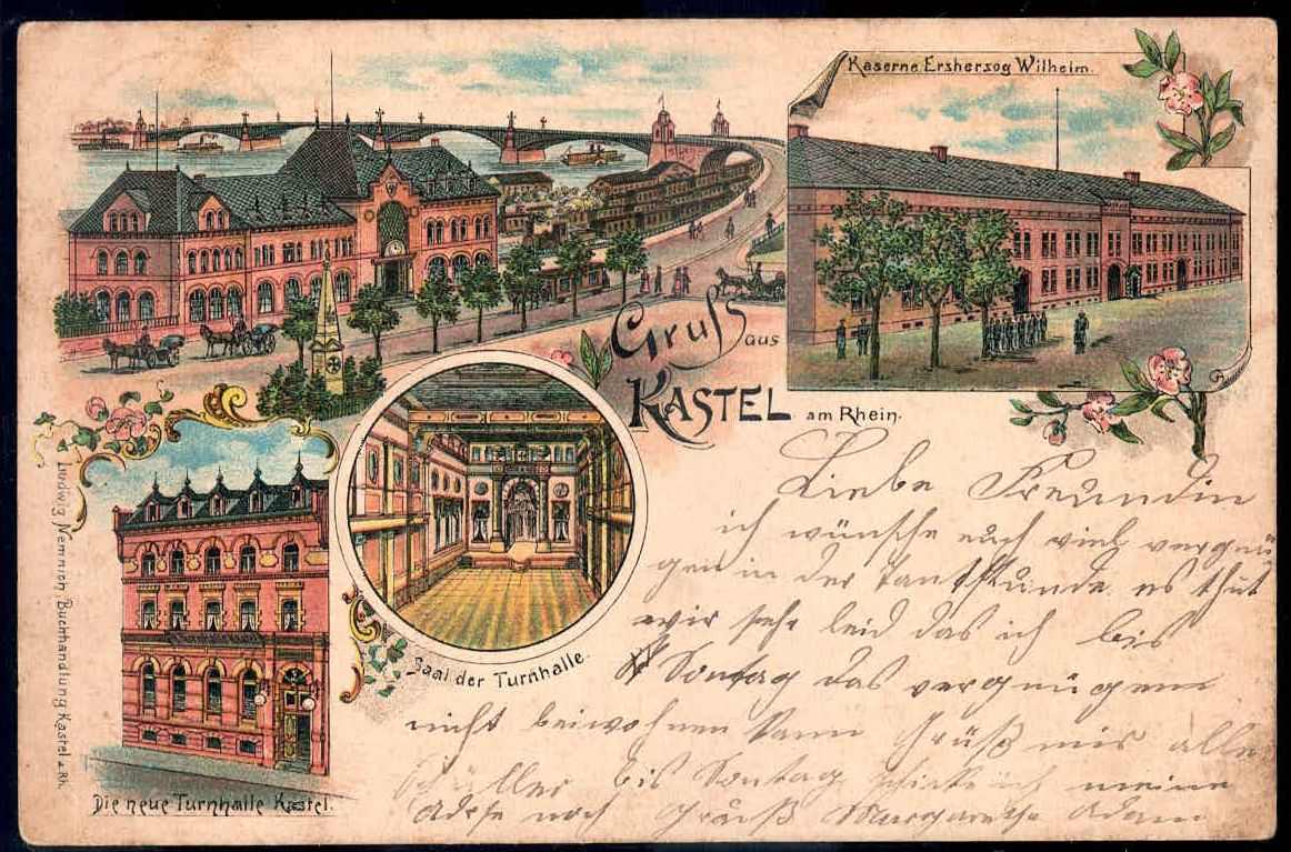 Kastel am Rhein: 'Gruß aus..'-Farb-Lithokarte mit Ansichten der ...