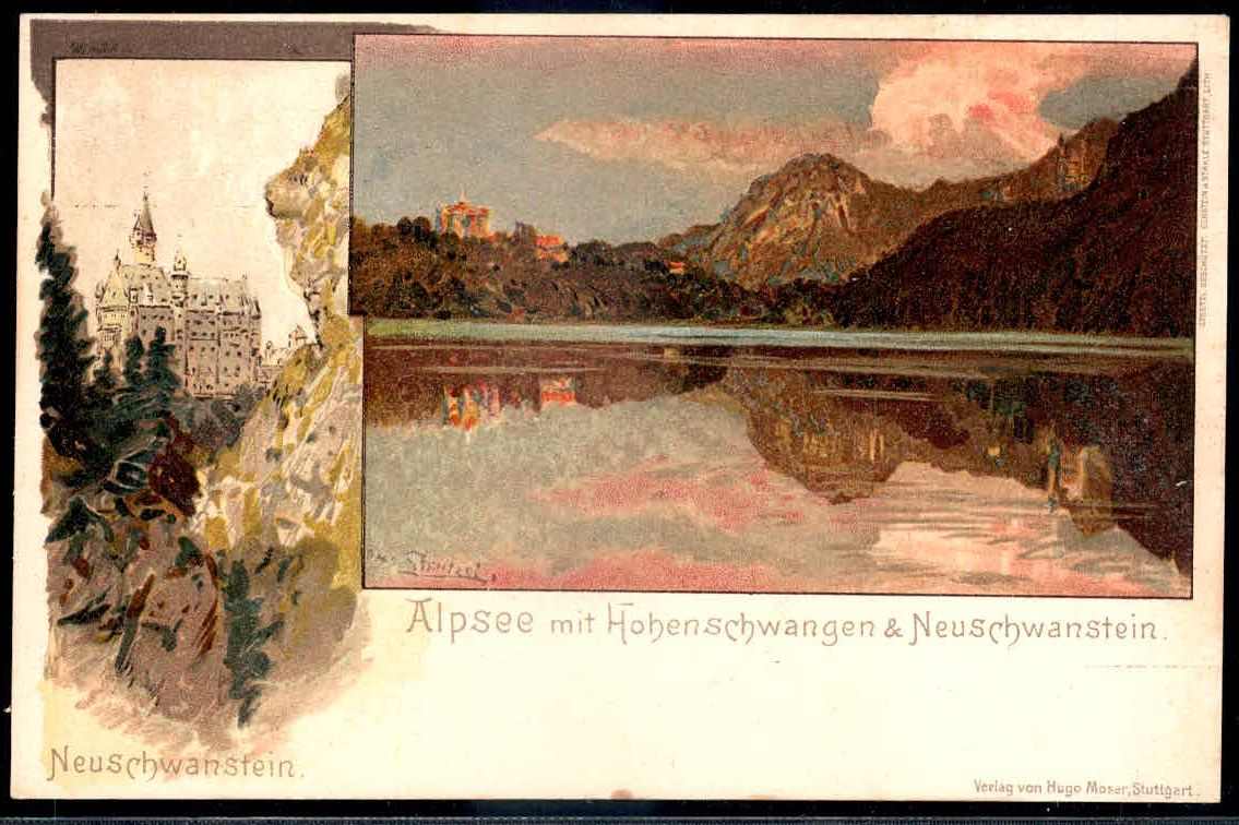 Neuschwanstein: farbige Künstler-Karte 'Alpsee mit Hohenschwangen ...