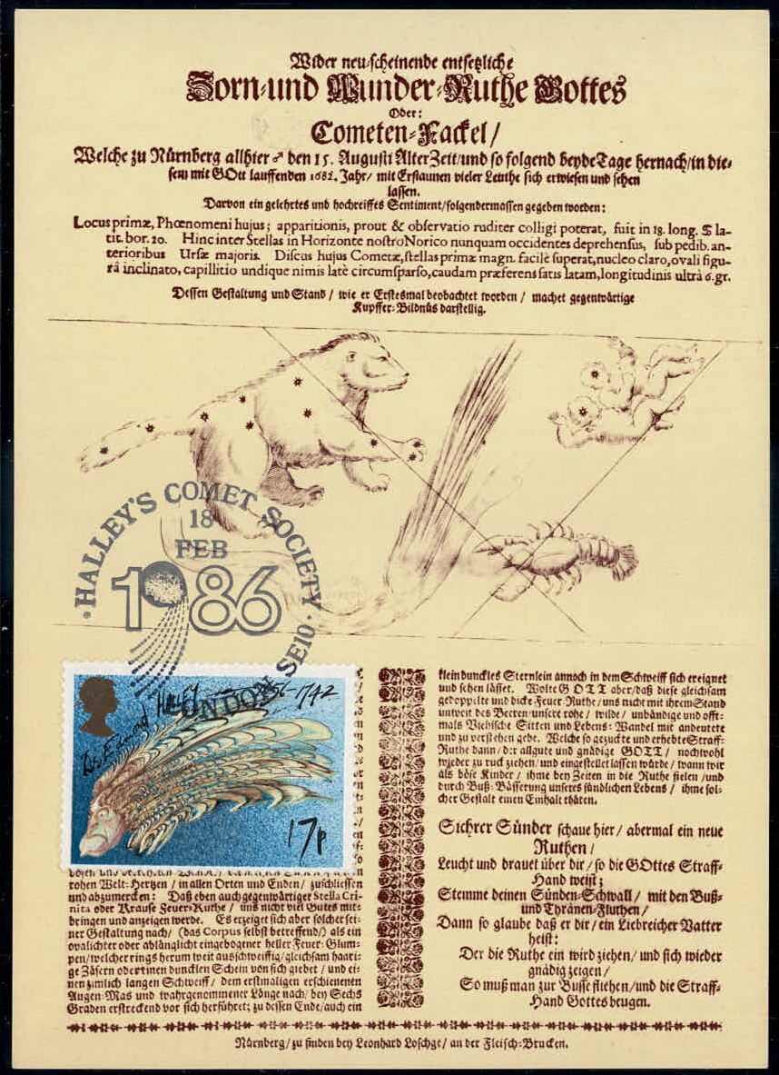 17 P. Halleyscher Komet 1986, auf entspr. thematikgleicher Motivkarte ...