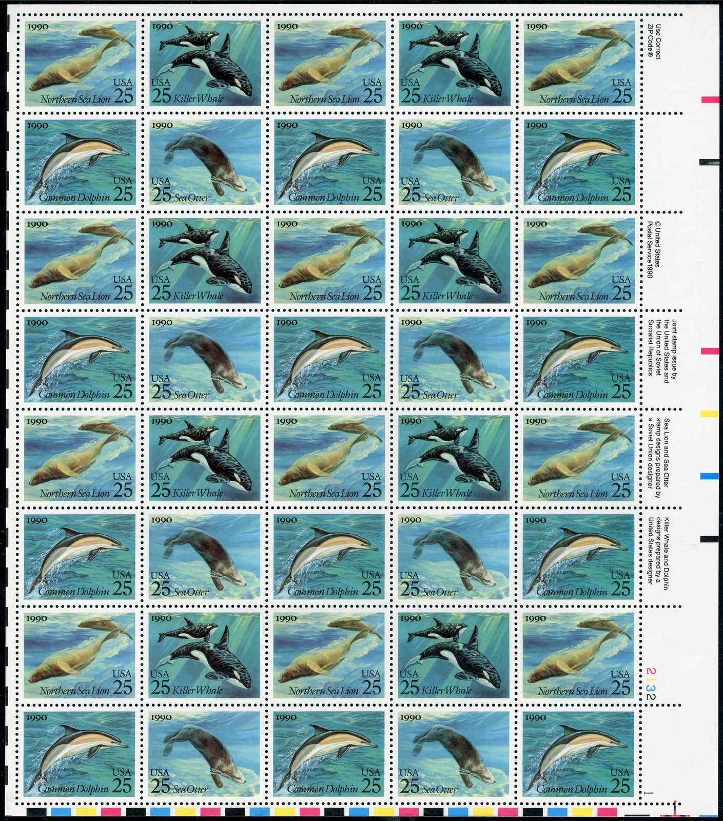 Parallelausgabe Meeressäugetiere 1990, der kpl. ZD-Bogen mit acht ...