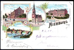 Nienburg: 1900, gelaufene Farblitho-Karte mit Abbildung z. B. der ...