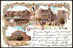 Berlin: 1899, Farblitho-Karte mit Ansichten vom Anhalter Bahnhof, von ...