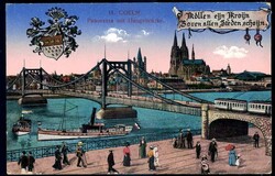 Köln: Farb-AK 'Panorama mit Hängebrücke', gelaufen per Feldpost ...
