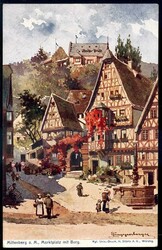 Miltenberg a. M.: Farb-AK 'Marktplatz mit Burg', gelaufen 1914. ...